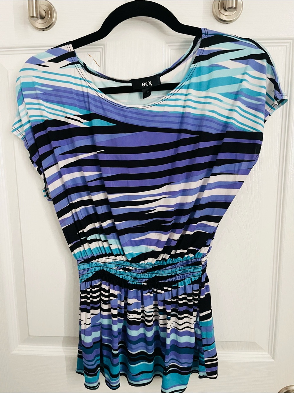BCX Ripple Stripe Short Sleeve Top in Blue, Purple & Black
